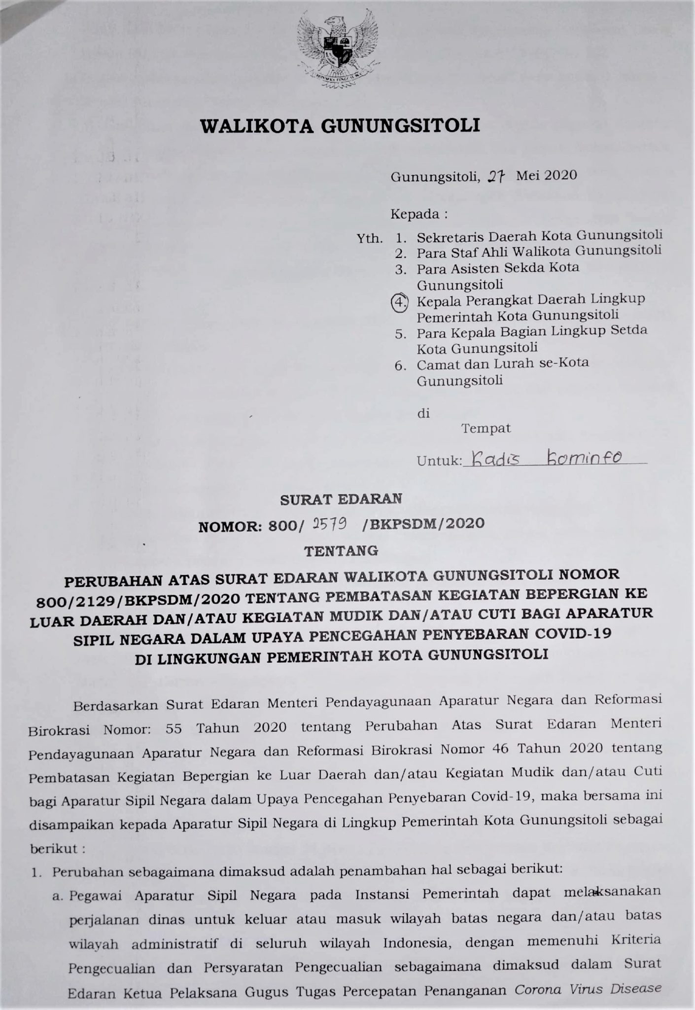 Surat Edaran Walikota Gunungsitoli Tentang Perubahan Atas Surat Edaran