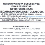 PENGUMUMAN FORMASI PEGAWAI PROFESIONAL NON APARATUR SIPIL NEGARA (NON ASN) DENGAN PERJANJIAN KERJA DI BADAN LAYANAN UMUM DAERAH (BLUD) UPTD PUSKESMAS KECAMATAN GUNUNGSITOLI ALO’OA